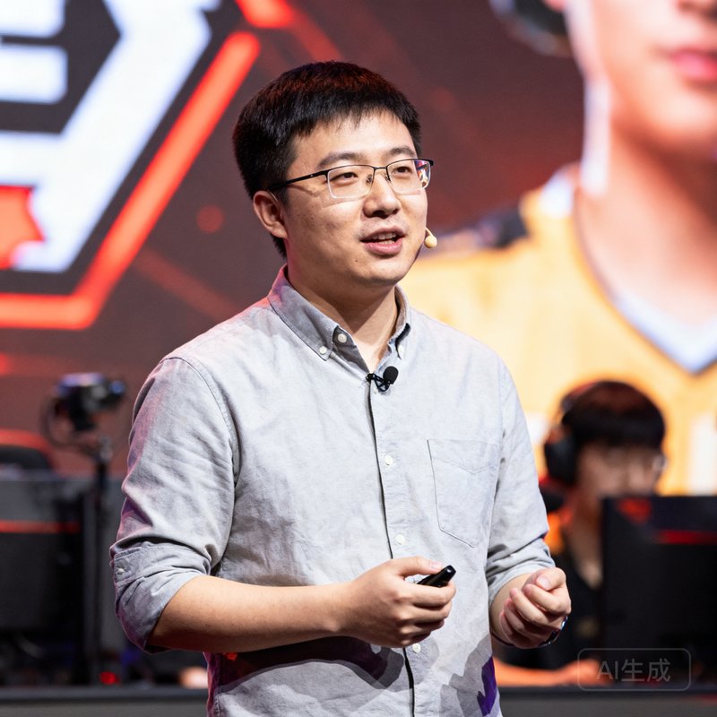 竞技宝创始人陈睿穿着休闲衬衫在电竞活动现场发表演讲的半身照片