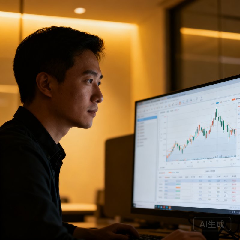 联合创始人林浩宇在数据分析屏幕前专注工作的侧面照片