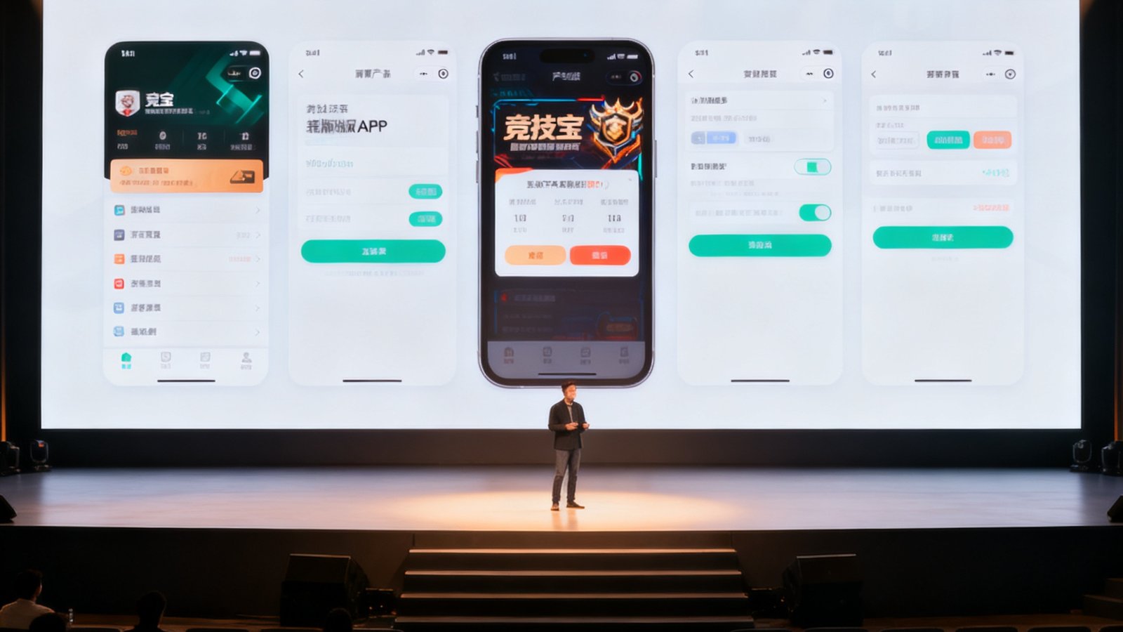 竞技宝产品发布会的舞台现场，大屏幕上展示着新版APP的操作界面截图