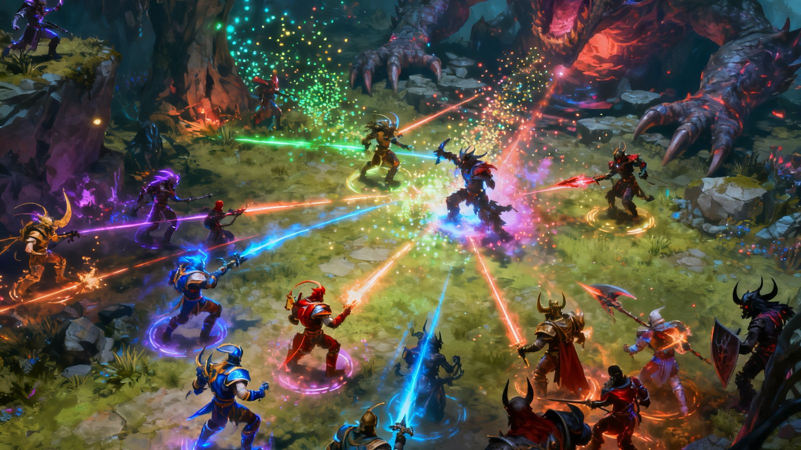 DOTA2天辉方在Roshan巢穴附近与夜魇方展开大规模团战，战场特效粒子充盈屏幕
